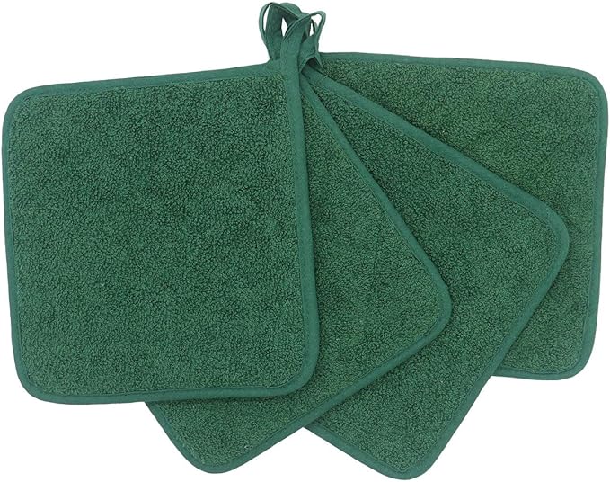 Cotton Pot Holders Cotton Made Machine Washable Heat Resistant Everyday Kitchen Basic Terry Pot Holder, Hot Pads, Trivet for Cooking and Baking Set of 4 (Dark Green)