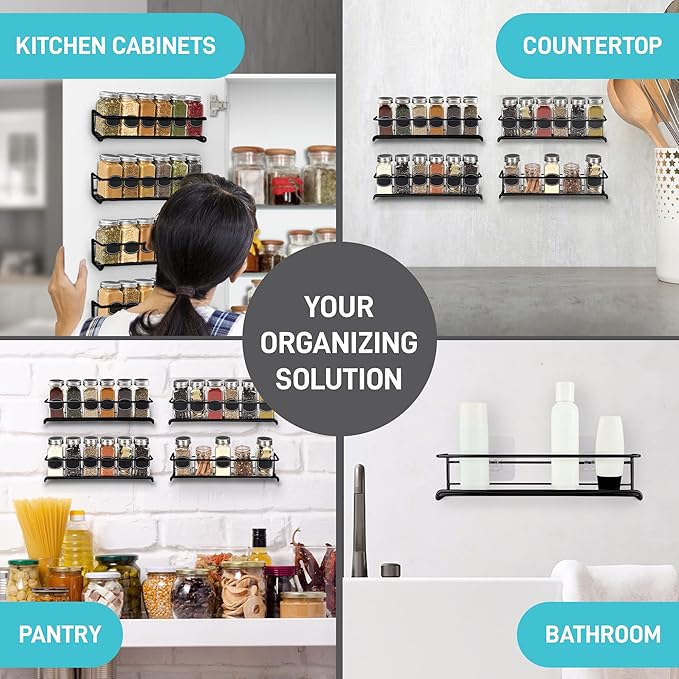 Spice Rack Wall Mounted 4 Tier – Space-Saving Kitchen Spice Organizer for Seasonings – Screw or Adhesive Hanging – Wall Mount Hanging Spice Rack for Wall, Cabinet, Pantry Door 2.5x 2.5x11.5 in