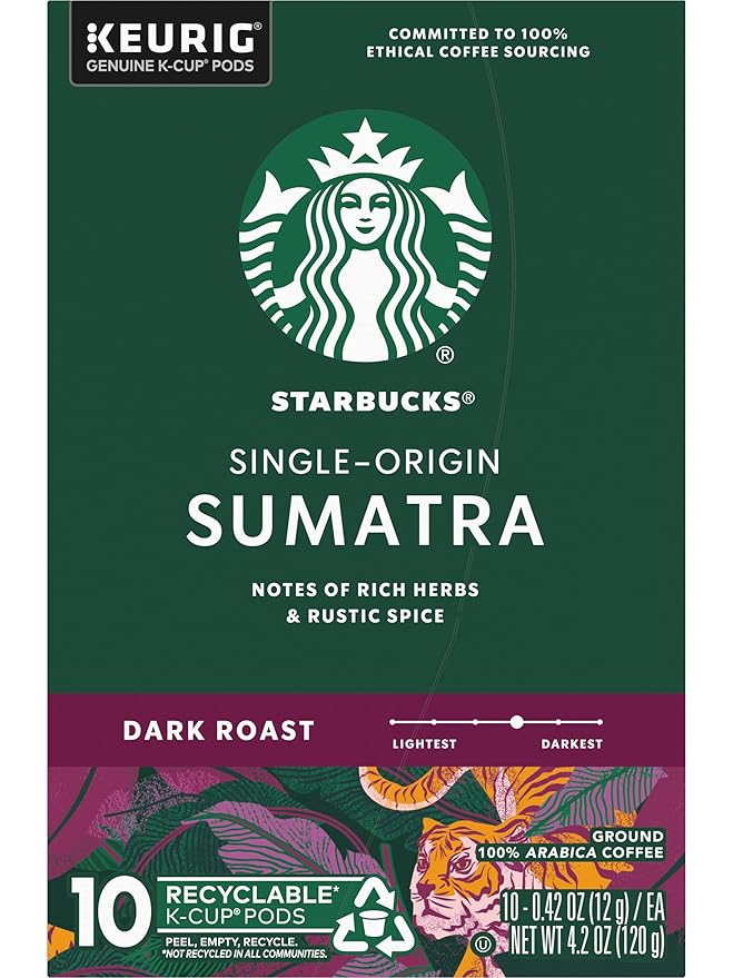 Starbucks Coffee Company Starbucks Single-Origin Coffee K-Cup Pods, Sumatra, Dark Roast Ground Coffee K-Cups for Keurig Brewing System, 100percent Arabica Coffee, 10 CT K-Cups/Box (Pack of 2 Boxes)