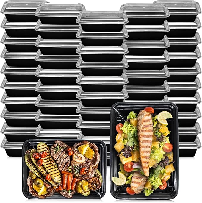Klex 38 Oz, 50 Sets Meal Prep Containers with Airtight Lids, BPA Free, Reusable Plastic Food Container, 38 oz, Rectangular, Black/Clear, 50 Sets
