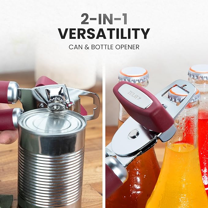 Zulay Kitchen Heavy Duty Stainless Steel Can Opener Manual with Bottle Opener - Rust Proof Manual Can Opener With Turn Knob & Comfy Soft Grip Handles - Deep Red