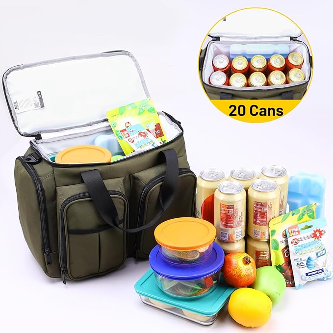 MIER Lunch Box for Men Heavy Duty Insulated Lunch Bag 20 Cans Large Leakproof Soft Cooler Bags with Multiple Pockets for Picnic Work Travel (Army Green)