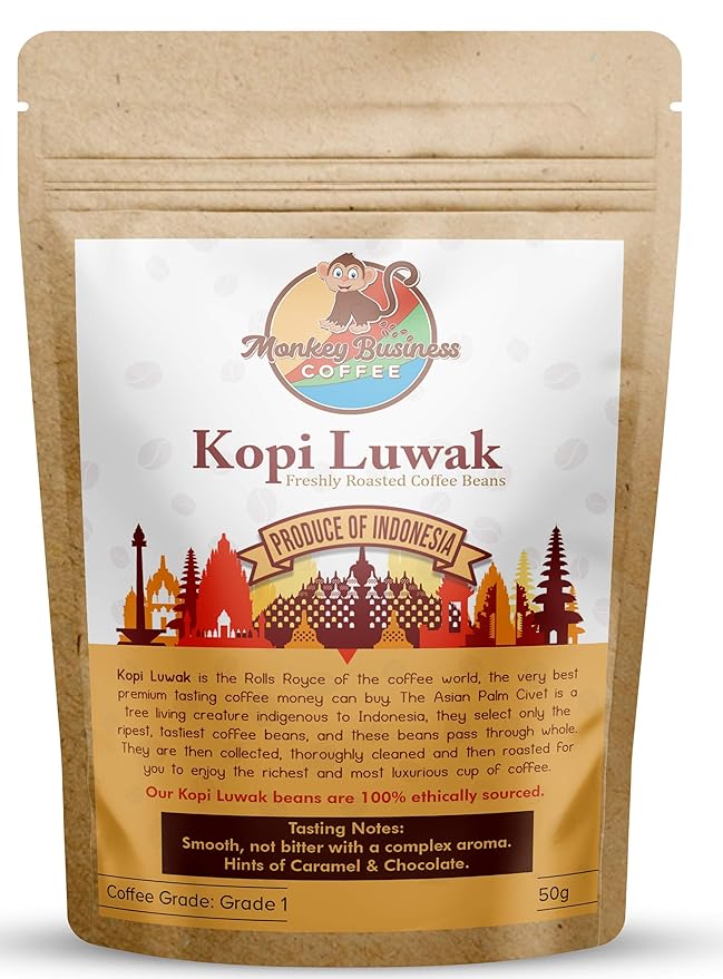 Coffee - Wild Kopi Luwak Coffee Whole Beans - Ethically Sourced - 50 Grams (Other Weights & Bean Types Available) - Produce of Indonesia