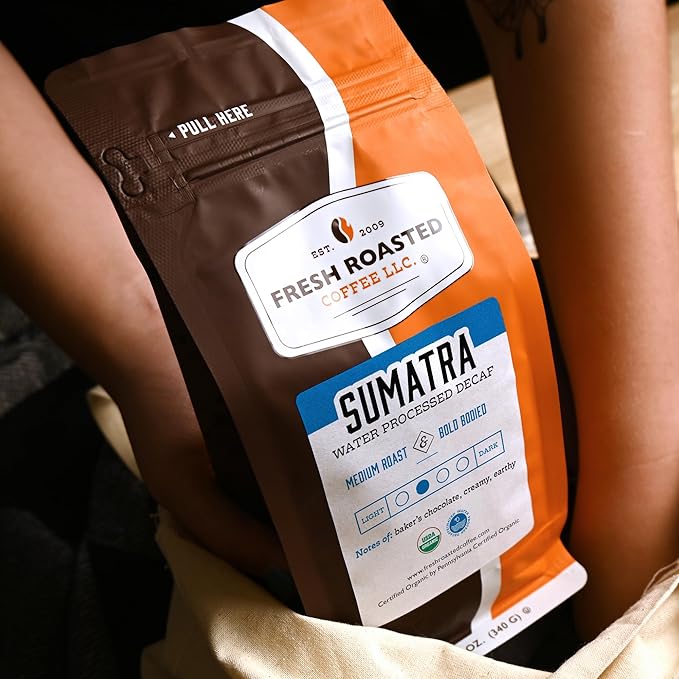 Fresh Roasted Coffee, Organic Sumatra Water-Processed Decaf | 100% Single Origin, USDA Organic, Kosher | Medium Roast 12 oz Whole Bean