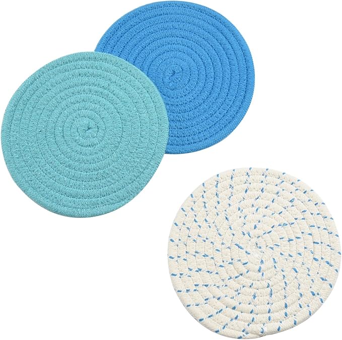 Kitchen Pot Holders Set Trivets Set 100% Pure Cotton Thread Weave Hot Pot Holders Set (Set of 3) Stylish Coasters, Hot Pads, Hot Mats, Spoon Rest for Cooking and Baking by Diameter 7 Inches (Blue)