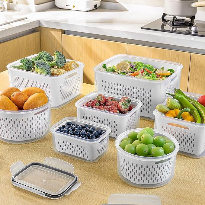 Freshmage Fruit Storage Containers for Fridge with Removable Colander, Airtight Food Storage Container, Dishwasher Safe Produce Saver for Refrigerator, Keep Berry Fruit Fresh Longer 4 pcs Small Clear