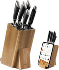 Navaris Wooden Kitchen Knife Block with Holder - Holds a Chopping Board, Phone or Tablet - Acacia Angled Design, 12.5 x 18.7 x 26.2 cm (4.9" x 7.4" x 10.3")