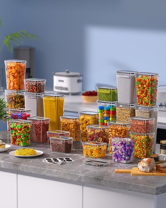 30 PCS Airtight Food Storage Containers with Lids, Kitchen Pantry Organization and Storage, BPA-Free Plastic Scale Food Canisters for Cereal, Flour, Sugar, Dry Food, Include Labels & Marker