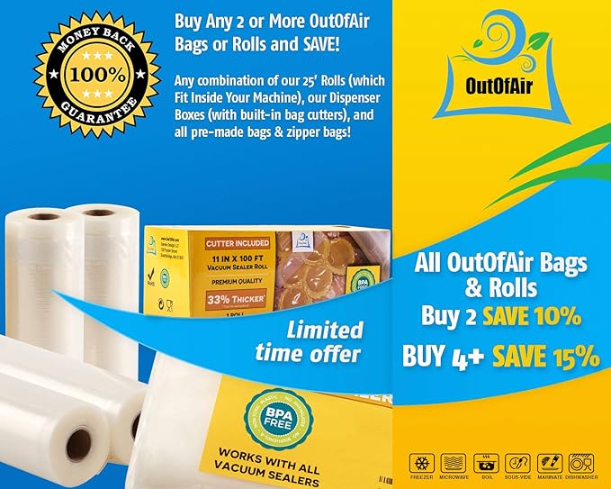 50 Zipper Vacuum Sealer Bags: Quart Size (8" x 12") - OutOfAir Vacuum Seal Zip Bags, Works with FoodSaver & Other Savers, 33% Thicker BPA Free Commercial Grade Great for Snacks On The Go