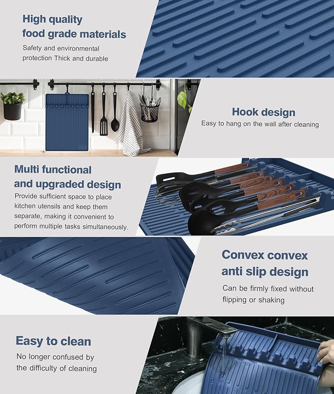 Silicone Griddle Tools Mat for Blackstone - Large Silicone Spatula Mat with Drip Pad - Griddle Mats BBQ Grill Accessories - Side Shelf Mats Grill Pad for Blackstone Griddles Accessories (Blue)