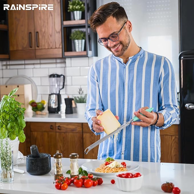 Rainspire Zester Grater with Handle, Lemon Zester Cheese Grater for Kitchen Stainless Steel, Parmesan Cheese Garlic Nutmeg Chocolate Fruits Vegetables Ginger Grater, Fine, Mint Green