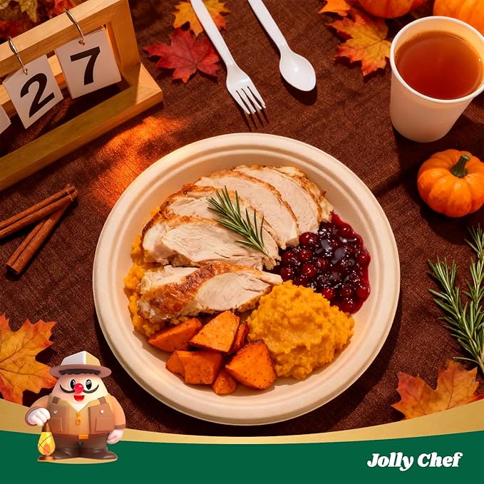 JOLLY CHEF Compostable Heavy Duty Plates 𝟭𝟬 𝗜𝗻𝗰𝗵 [𝟯𝟬𝟬 𝗣𝗮𝗰𝗸] Eco-Friendly Disposable Paper Plates Made of Bagasse Biodegradable Bulk for Party Dinner Sugarcane Thanksgiving Day (Natural)