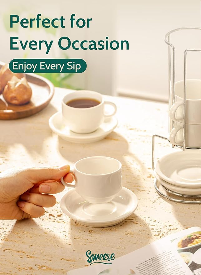 Sweese 2.5 Ounce Porcelain Stackable Espresso Cups with Saucers and Metal Stand Set of 4, White