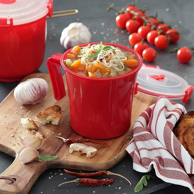 Tafura 22oz Microwave Soup Mugs with Handles, 2 Pack - Red Mug with Clear Lid