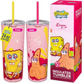 Dragon Glassware x SpongeBob SquarePants 24 oz Vacuum Insulated Tumbler with Lid and Straw - Tumbler Cup with 2 Straws - Stainless Steel Tumbler with Straw for Water, Iced Tea - SpongeBob - Pink