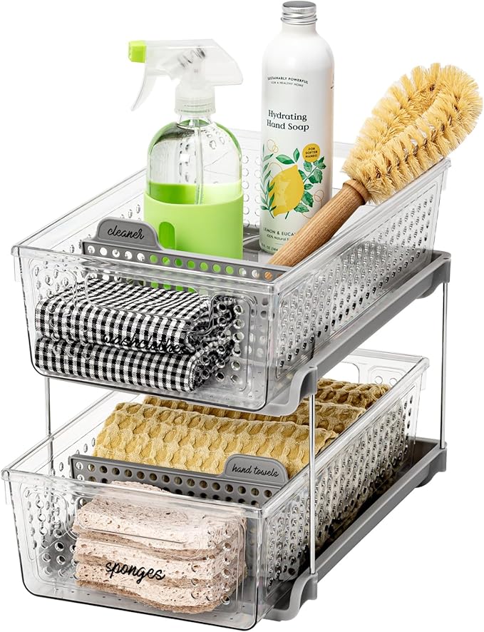 madesmart 2-Tier Organizer, Multi-Purpose Slide-Out Storage with Handles and Dividers for Home and Bath, BPA Free, Clear/Gray