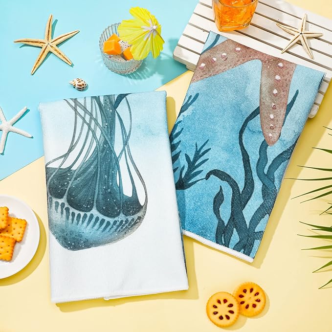 Boyiee Set of 6 Beach Kitchen Towels Sea Ocean Animal Nautical Tea Towels 24 x 16 Inches Kitchen Gifts Turtle Jellyfish Seahorse Hand Dishcloth for Farmhouse Bathroom Decorations
