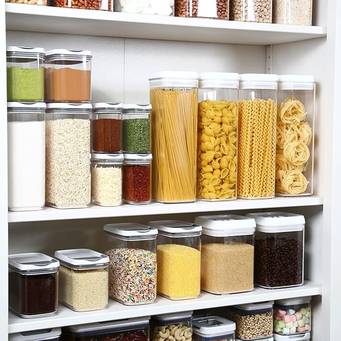 Felli Flip Tite TALL Storage Container with Lid 4" Air Tight Easy Open Ring Top, Clear Acrylic Skinny Canister Jar for Spaghetti Lasagna Fettuccine Noodle, Kitchen Cupboard Pantry Organizer (2.0 qt)