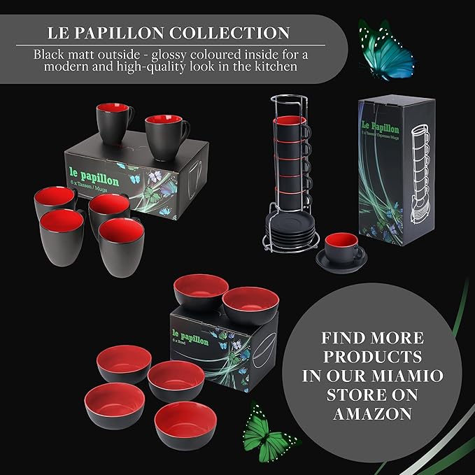 MIAMIO - Set of 6 Stoneware Coffee Mugs 12 Ounce/Cup Set - Le Papillon Collection (Black-Red)