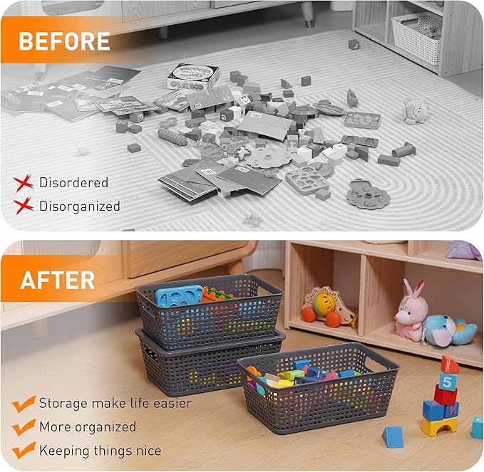 Plastic Storage Baskets With Lid, Storage Bins for Organizing, Stackable Decorative Containers for Shelves Drawers Desktop Closet Playroom Classroom Office, 6 Pack-Grey