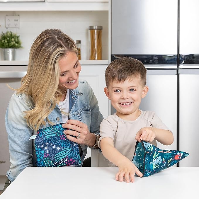 Bumkins Reusable Sandwich and Snack Bags, for Kids School Lunch and for Adults Portion, Washable Fabric, Waterproof Cloth Zip Bag, Travel Pouch, Food-Safe Storage, Large 2-pk Jungle