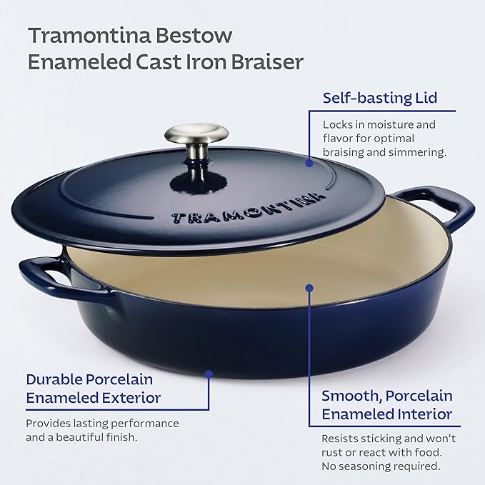 Tramontina Bestow Enameled Cast Iron Braiser Pan with Lid, 4-quart, Blue