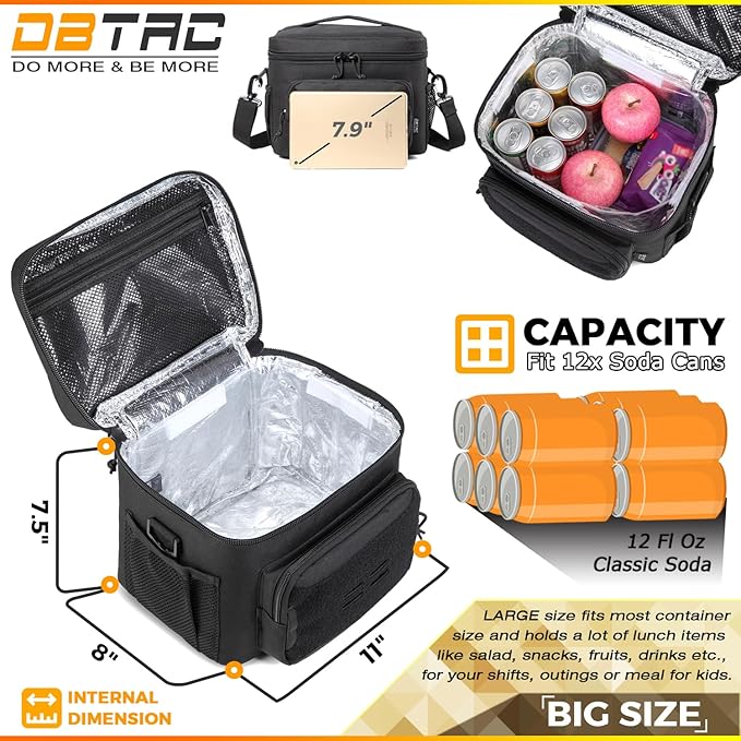 DBTAC Tactical Lunch Bag for Men Women, 12 Cans Insulated Lunch Box for Adult | 9L Leakproof Lunch Cooler Tote for Work Office Outdoor Travel | Soft Easy To Clean Liner x2, Urban Black