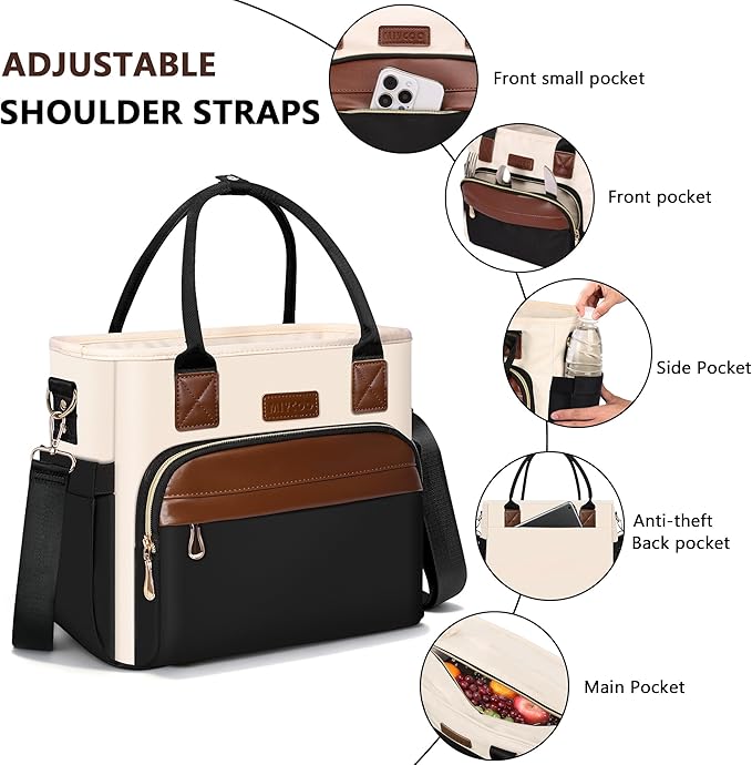 Lunch Bag Lunch Box Women - Leakproof Insulated Lunch Cooler Bag for Women - Large Lunch Tote Bags Adults, Black with Off White with Brown