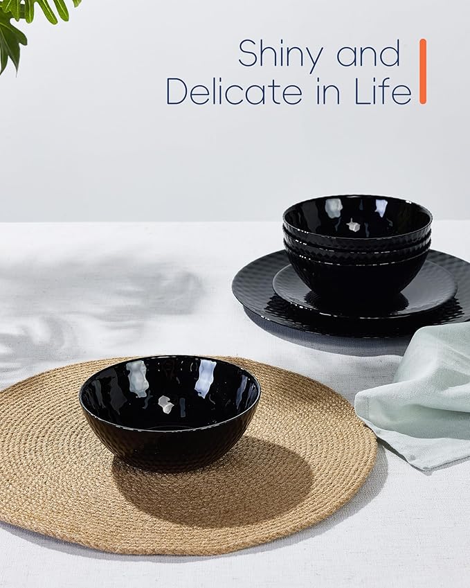20 OZ Max Black Opal Glass Cereal Bowl Set of 6, 6 inch Dishwasher & Microwave Safe Round Geometric Faceted Bowls for Kitchen, Salad, Soup and Rice