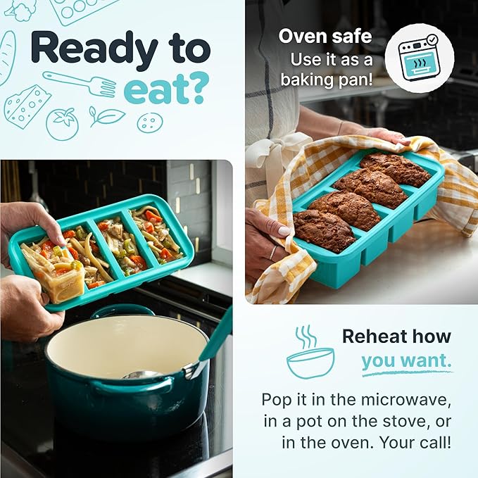Souper Cubes 1/2 Cup Silicone Freezer Molds with Lids, Perfect for Storing Soups, Sauces, Juices, Desserts, Smoothie Prep and More, 1/2 Cup Silicone Freezer Trays - Aqua - 2-Pack