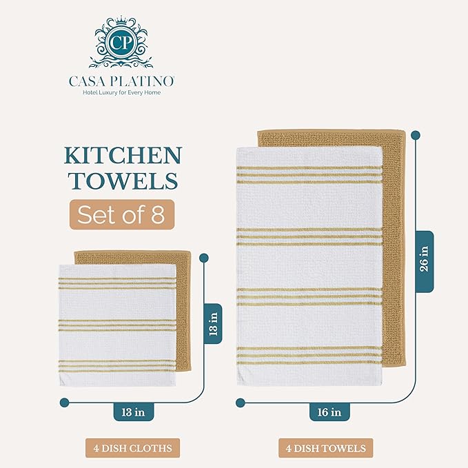 Casa Platino Kitchen Dish Cloths and Dish Towels, 8 Pc Cotton Set with Dual Designs for Drying and Surface Care, Soft and Stylish Helpers for Warm-Toned Kitchens – Beige