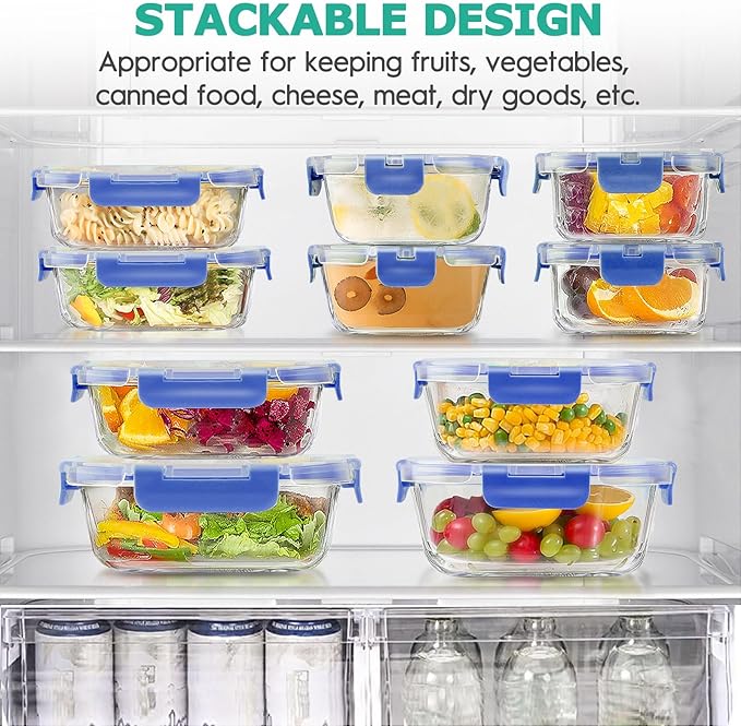 34pcs Glass Food Storage Containers with Lids Set,Airtight Glass Meal Prep Containers (17 Containers&17 Lids),Leak Proof Lunch Containers BPA-Free,Microwave,Oven,Freezer&Dishwasher,Blue