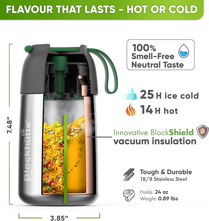 Blockhütte Food Thermos for Adults - 24 oz | Wide Mouth Thermos for Soup with Spork & Brush | Stainless Steel Thermal Lunch Box 14h Hot | Insulated Lunch Containers for Travel, Work, School