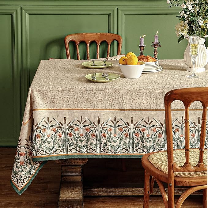 patdrea Designer French Light Brown Rectangle Table Cloth,Linen Floral Durable Breathable Tablecloth,Decorative for Kitchen Dining,Parties,Tea Party,Christmas,Thanksgiving,55"x79"-Cudillero