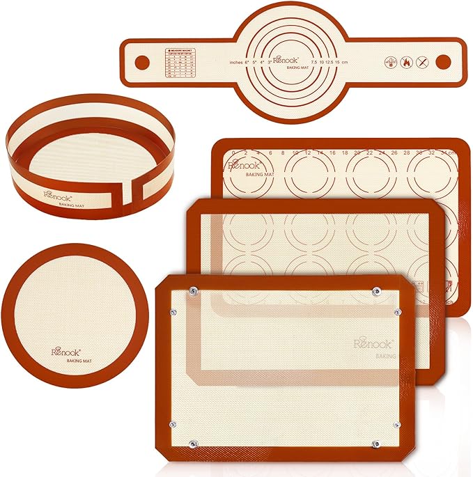 Silicone Baking Mats Set of 6, Silicone Bread Sling for Dutch Oven, Non-Stick Reusable Baking Mat, Slip Oven Liner Sheet, Round & Rectangle Baking Mat for Macaron, Pastry, Cookie, Sourdough Bread