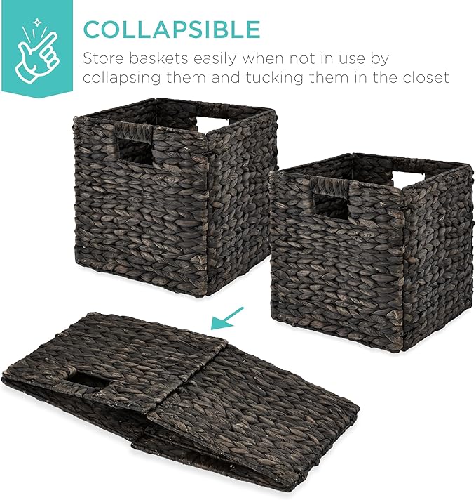 Best Choice Products 13x13in Pack of 5 Cube Storage Baskets, Water Hyacinth Multipurpose Collapsible Organizers, Handwoven Laundry Totes for Laundry, Living Room, Kids Room & Nursery - Black