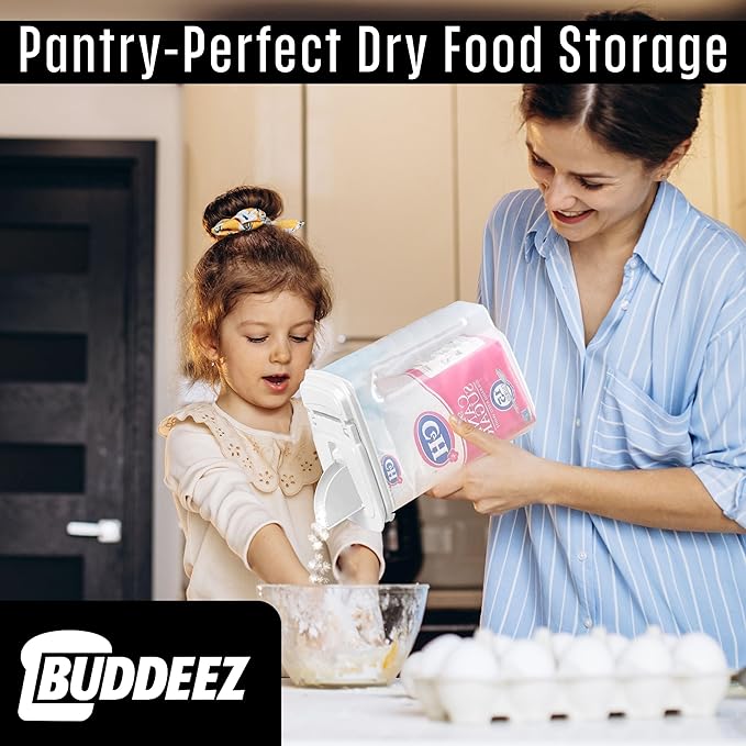 Buddeez Large Food Storage Container - 3.75 Quart Sugar Buddy, All Purpose Clear Kitchen Organization and Storage - Sugar, Flour, Cereal, Rice Dispenser, EZ Pour Spout & Easy Grip Handle (White Lid)