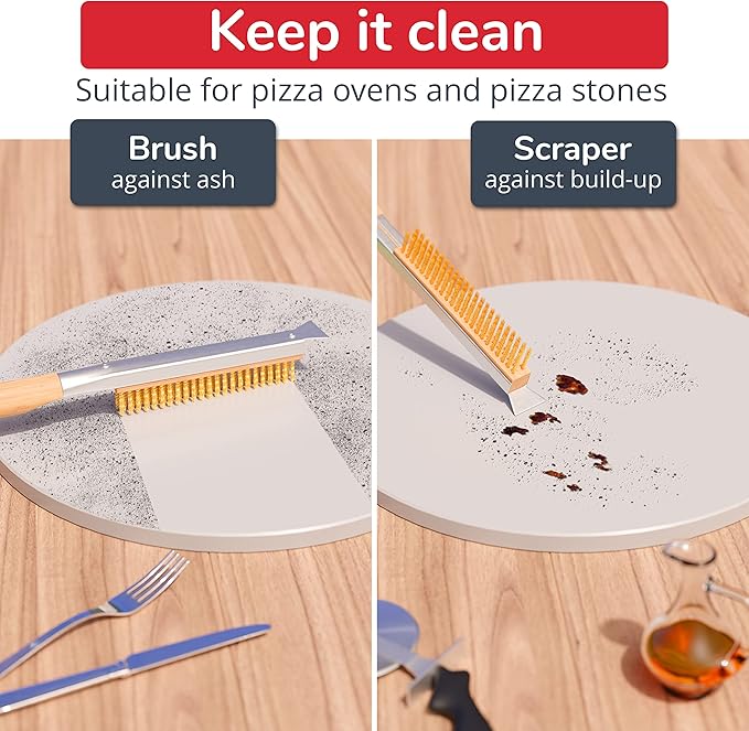 26” Pizza Oven Brush with Stone Scraper - Heat Resistant Stainless Steel Bristles, Extra Long Handle - Compatible with Ooni Ovens - Includes Spare Head