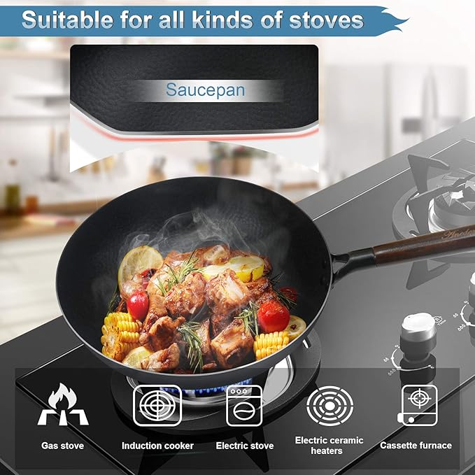 Carbon Steel Wok Pan with Lid & Wood Spatula, 12.5" Cast Iron Stir Fry Pan with Flat Bottom and Wooden Handle for Electric, Induction and Gas Stoves