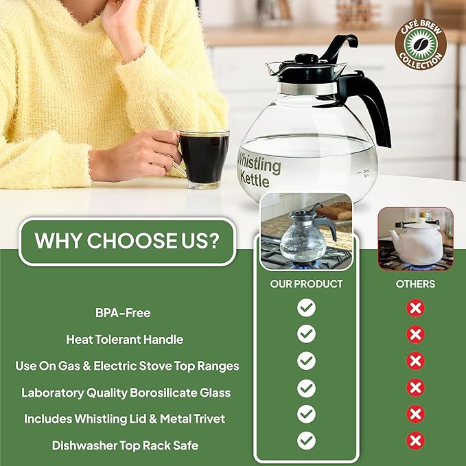 Borosilicate Glass Stove Top Whistling Tea Kettle - 12 Cup/48oz Capacity - BPA-Free - German Made Glass Kettle for Gas, Electric, and Glass Ranges