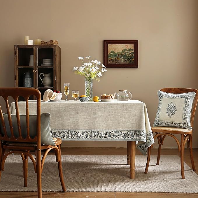 ISAENNE Designer Vintage Linen Elegant Table Cloth Rectangle,Chinoiserie Floral Tablecloth,Durable Decor Tablecloths for Dining Thanksgiving Kitchen Christmas Party,55"*87"-Segerman B