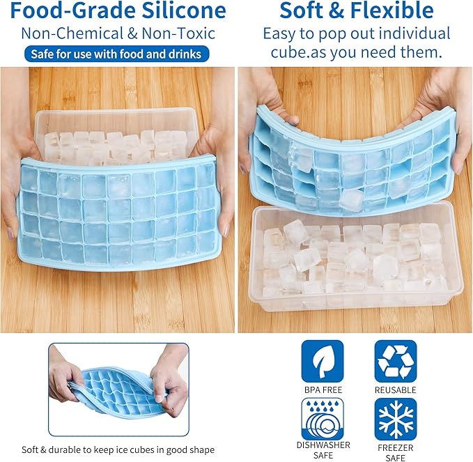 Food-grade Silicone Ice Cube Tray with Lid and Storage Bin for Freezer, Easy-Release 2 * 36 Small Nugget Ice Trays 1 ice Bucket & Scoop, Flexible Ice Cube Molds with Ice Container