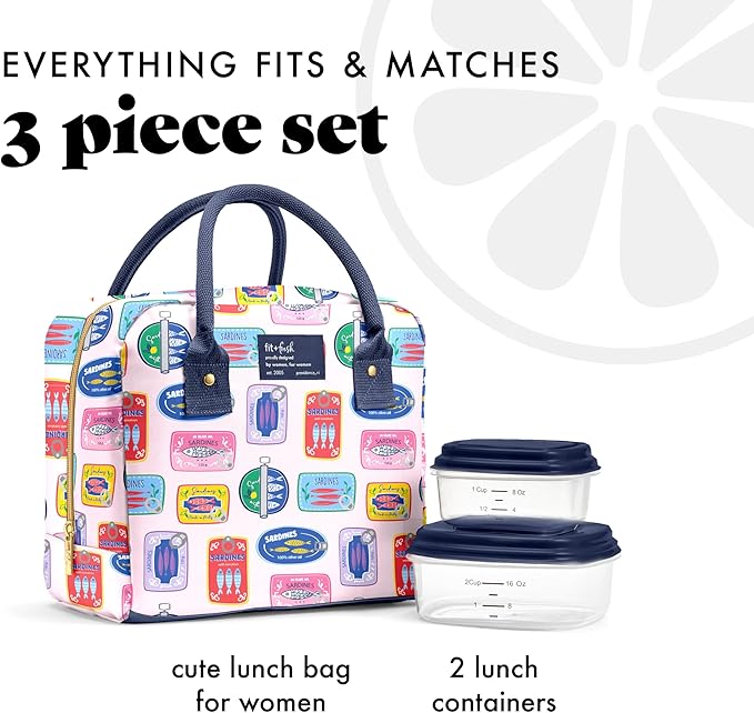 Fit & Fresh Bloomington Lunch Bag for Women - Insulated Large Lunch Box for Work with Containers, Leak-Resistant, Stain-Resistant, Zipper Closure, Multicolored Sardines