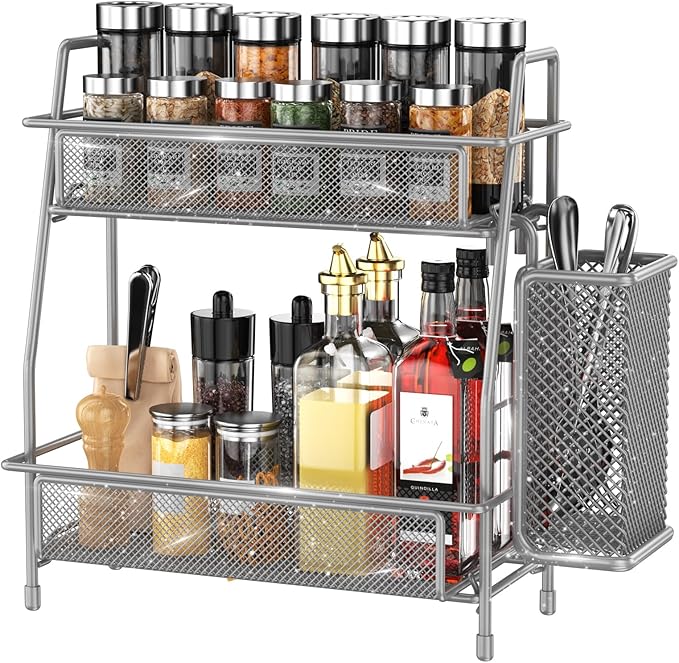 LEMIKKLE Spice Rack Organizer for Kitchen Counter, Spices Organizer and Storage Seasoning Organizer for Cabinet, Kitchen Metal Countertop Organizer with Side Basket (Grey)