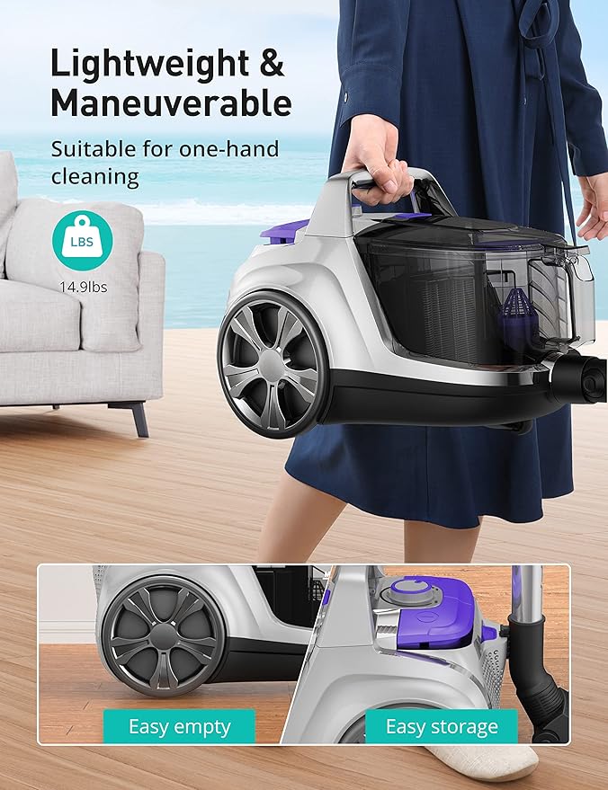 Aspiron Canister Vacuum Cleaner, 30Kpa Bagless Vacuum Cleaners, 3.7QT Large Dust Cup, Double HEPA Filter, Retractable Cord, 1600W Lightweight Vacuum Cleaner with 5 Tools for Hard Floors, Lavender