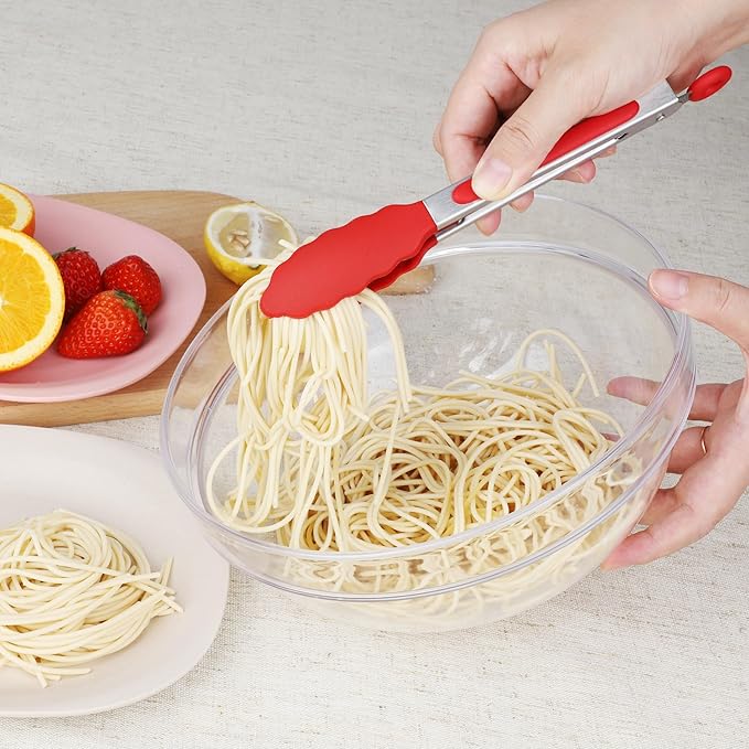 Hotec Mini Silicone Kitchen Tongs for Cooking - 7-Inch Small Serving Tongs with Silicone Tips, Set of 3 (Red,Blue,Green)