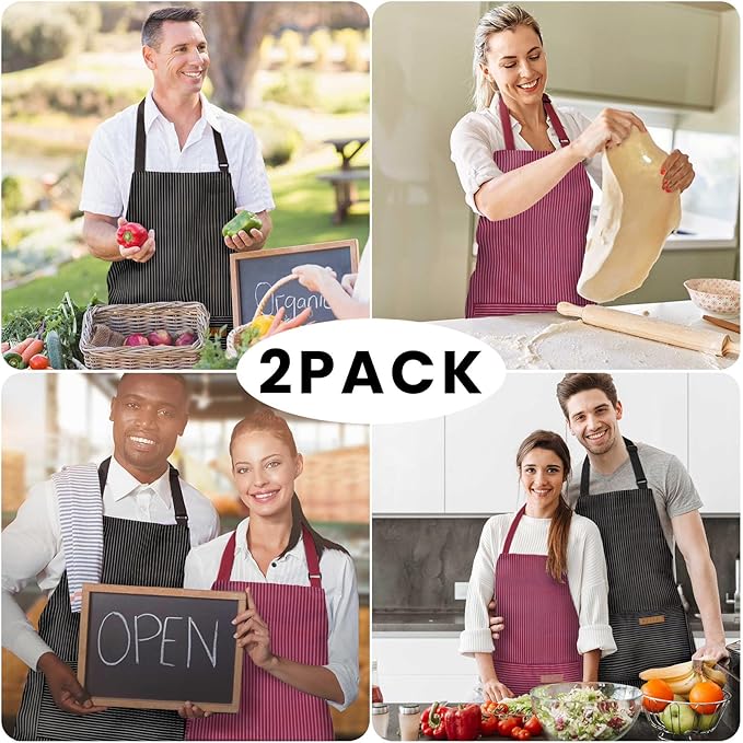 2 Pack Adjustable Bib Apron with 2 Pockets Chef Cooking Kitchen Restaurant Aprons for Women Men