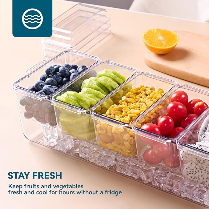 Chilled Condiment Tray Server with 5 Containers and Removable Compartments, Large Ice Chilled Condiment Organizer, Clear Garnish Serving Platter for Fruit, Salad, Food, Bar Accessories
