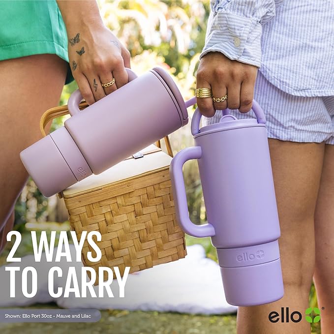 Ello Port 30oz Tumbler with Carry Loop & Integrated Handle | Vacuum Insulated Stainless Steel Reusable Water Bottle Travel Mug | Leak Proof Lid | Flexible Straw | BPA-Free | Dishwasher Safe | White