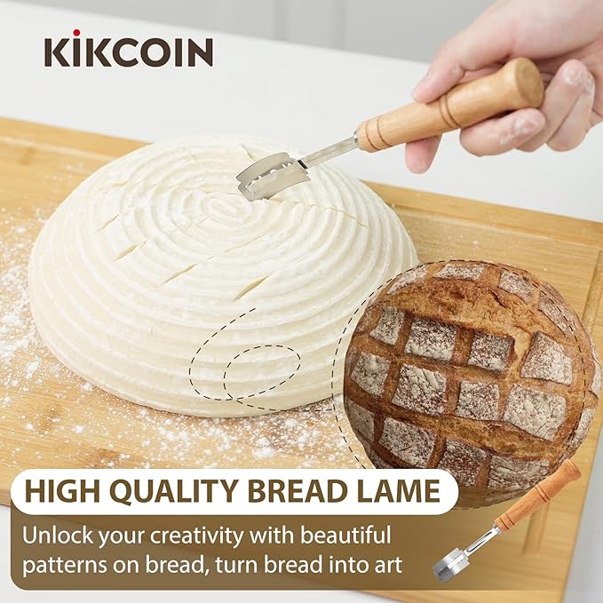 Banneton Bread Proofing Basket Set of 3, Kikcoin 8" & 9" & 10" Round Sourdough Bread Baking Supplies, Banneton Basket with Parchment Paper Sheets, Dough Whisk, Stainless Steel Scraper, Bread Lame
